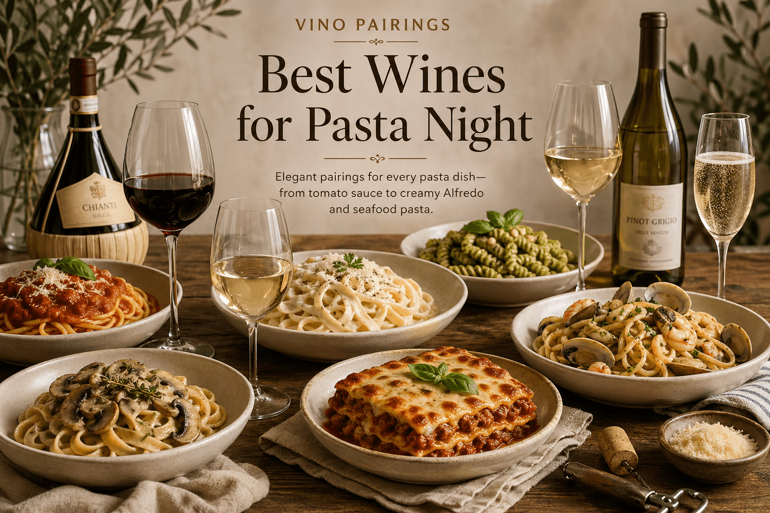 Elegant pasta night table with wine pairings
