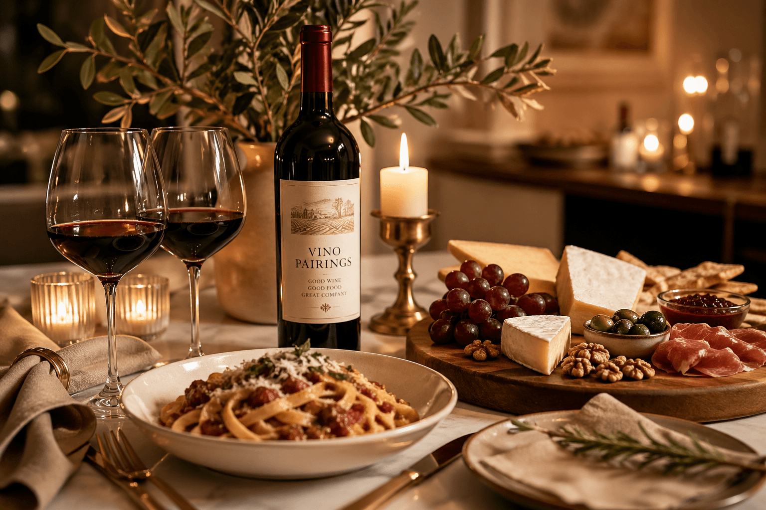 Elegant wine and food pairing table with pasta, wine glasses, and warm candlelight