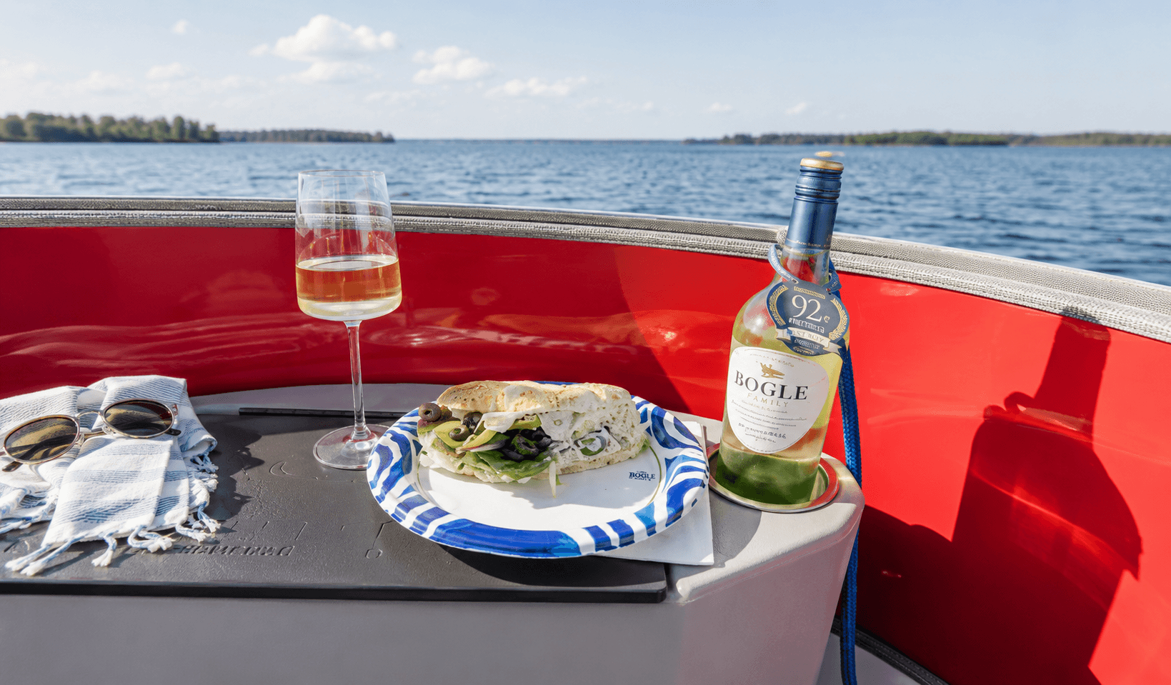 Wine and sandwich on pontoon
