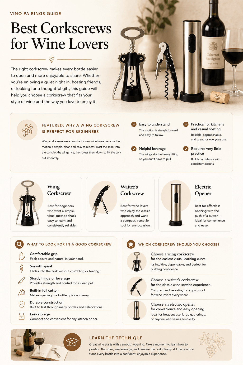 Illustrated Vino Pairings guide comparing wing corkscrews, waiter’s corkscrews, and electric wine openers