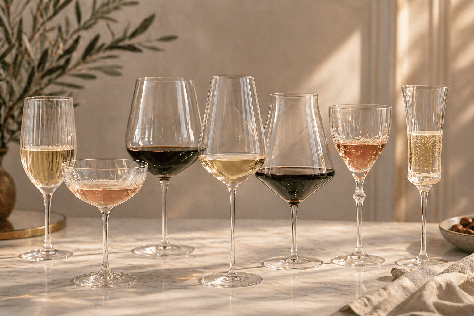 Elegant collection of wine glasses on a softly lit marble table